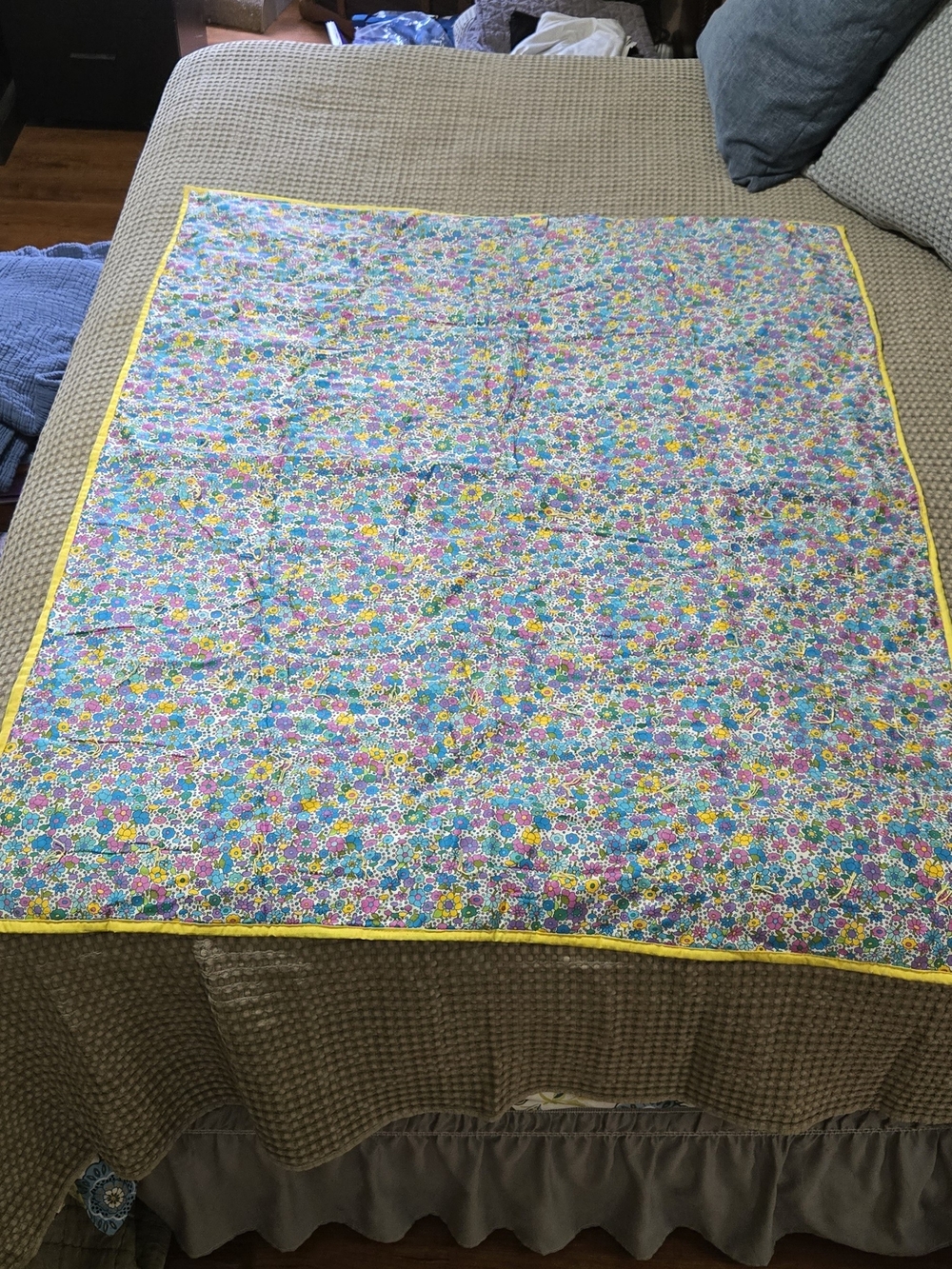 Floral Cotton Quilted Throw in Yellow Trim,  Toddler Size